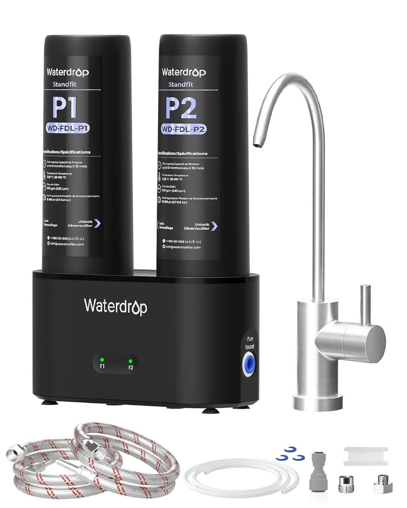 Waterdrop DLG-P Under Sink Water Filter System, 2-Outlet Filter, Reduces PFOA/PFOS Chlorine Chloramine Fluoride Odor, 2 Stage Under Sink Water Filtration System with Dedicated Faucet, Life Indicator - Image 1